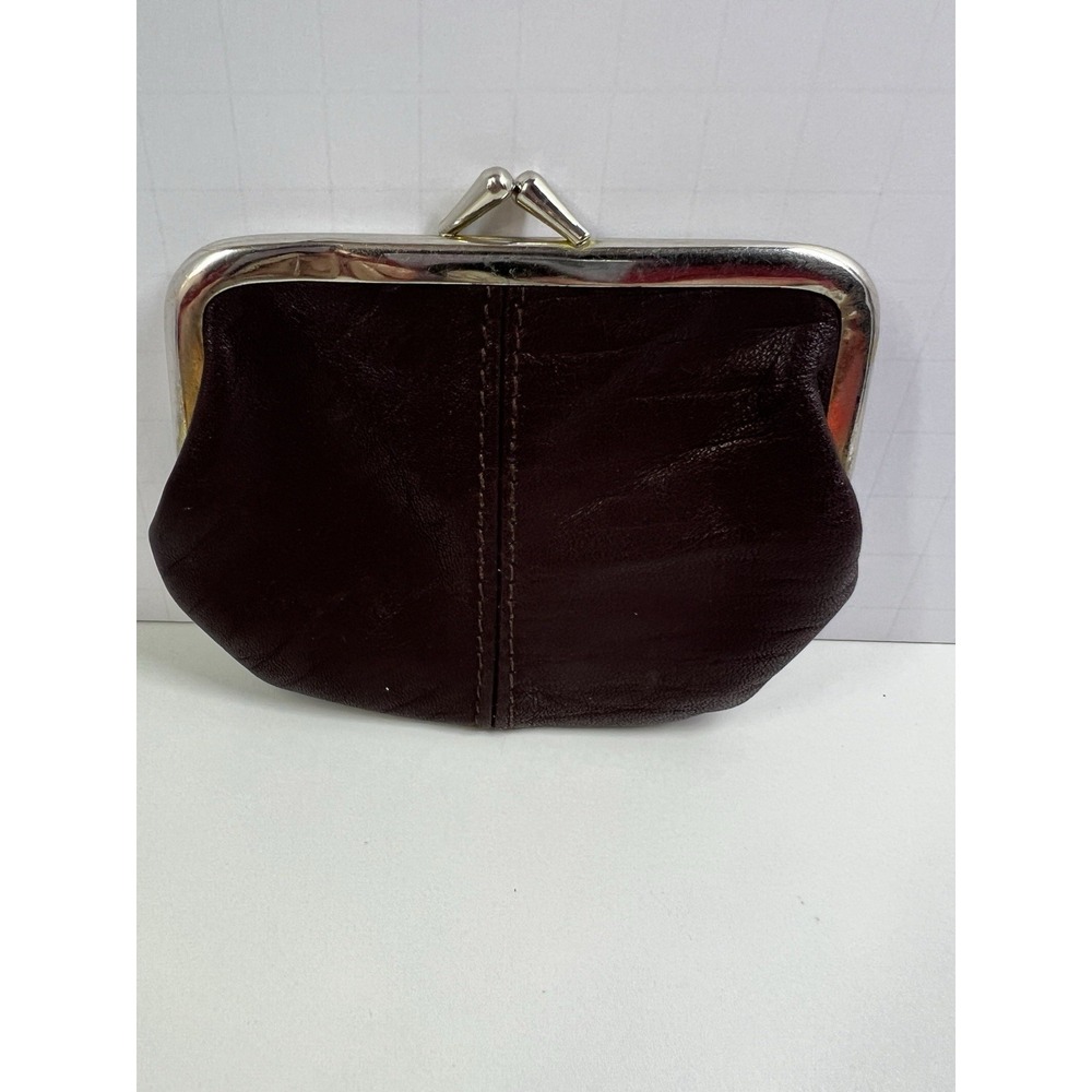 Vintage Brown Leather Kiss Lock Coin‎ Purse Clutch Silver Frame 80s 90s
